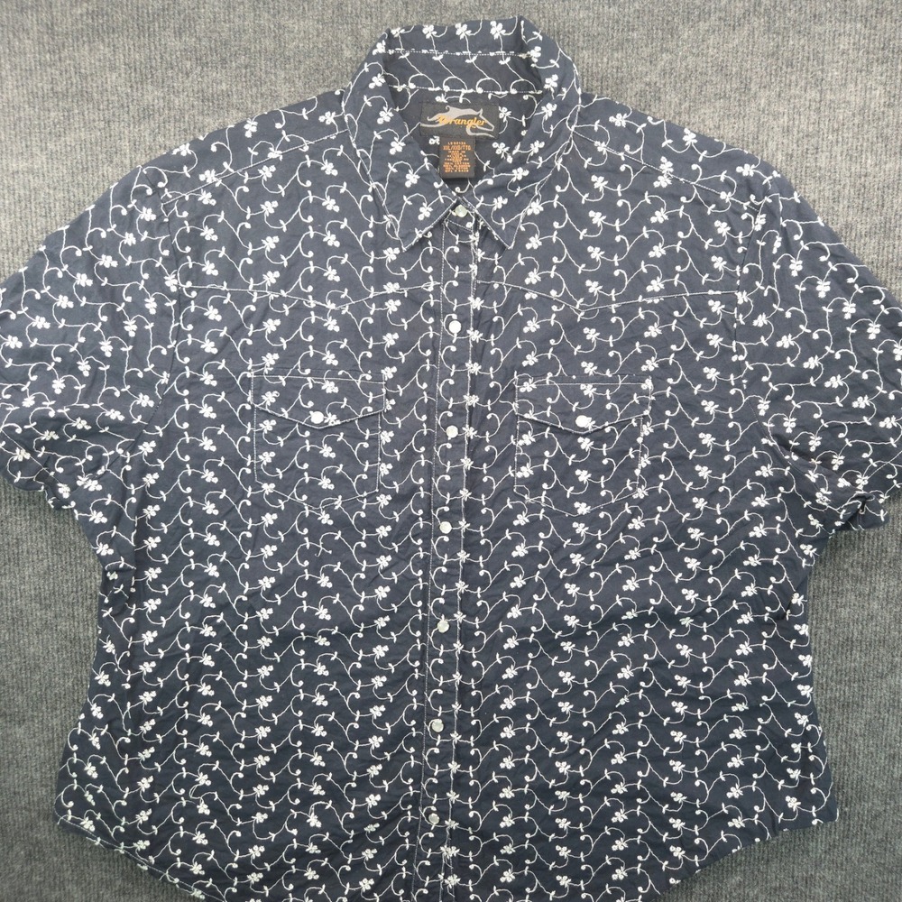 Wrangler Western Snap Shirt Womens XXL Blue Floral Embroidery Cotton Pearl Snap